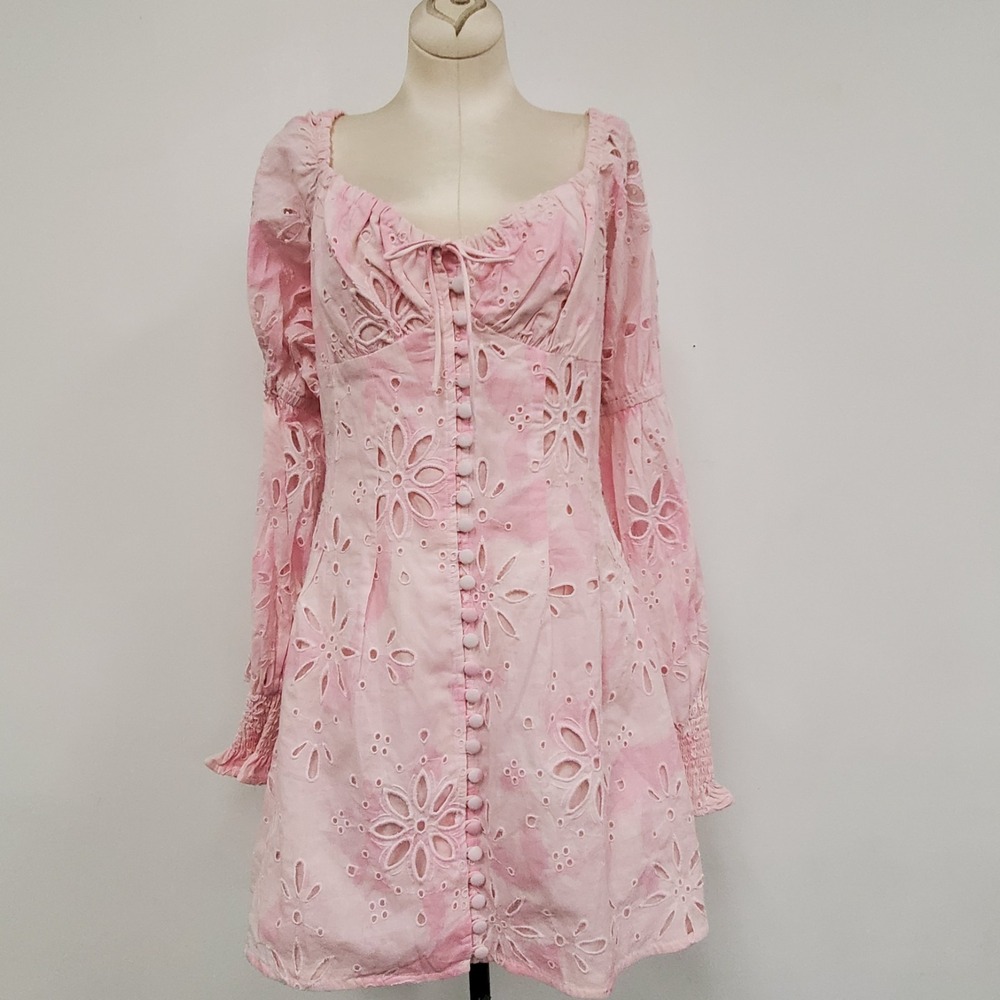 Sabo Luxe Womens Coquette Amala Mini Dress Dress Size L Pink Tie Dye Eyelet